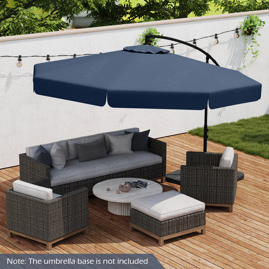 A navy blue patio cantilever umbrella with a cover, tilt adjustment, and ruffled edge, displayed over an outdoor furniture set on a patio.