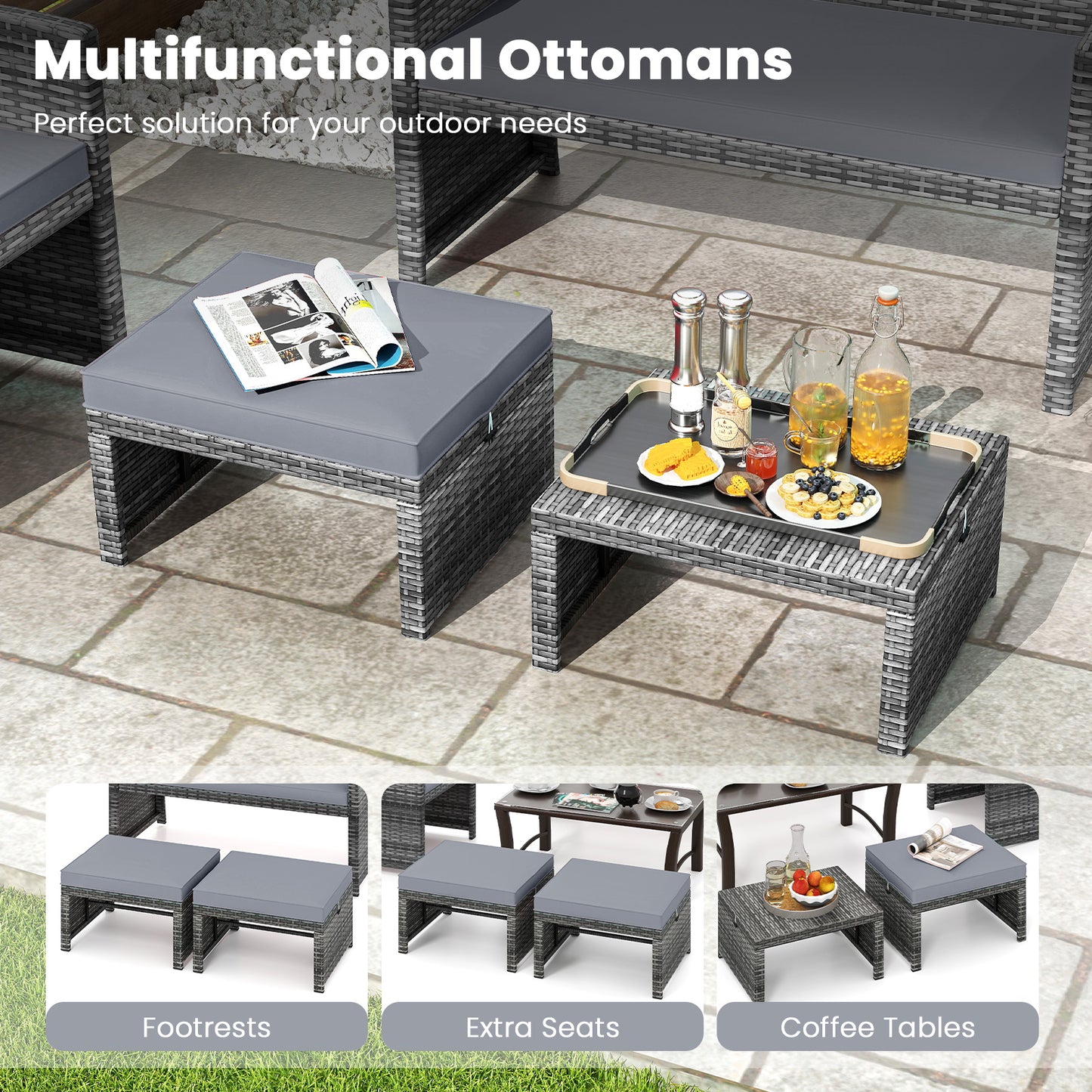 2 Pieces Patio PE Rattan Ottomans with Soft Zippered Cushions for Deck-Gray