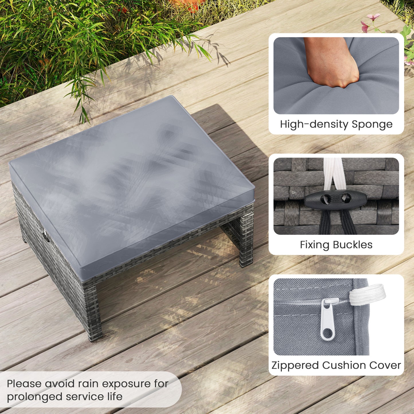 2 Pieces Patio PE Rattan Ottomans with Soft Zippered Cushions for Deck-Gray
