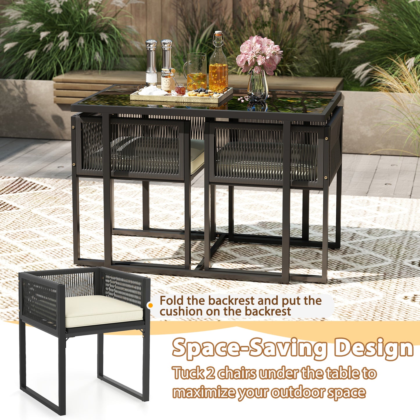 3 Pieces Patio Tempered Glass Top Table and Chairs Set for Porch Backyard-White