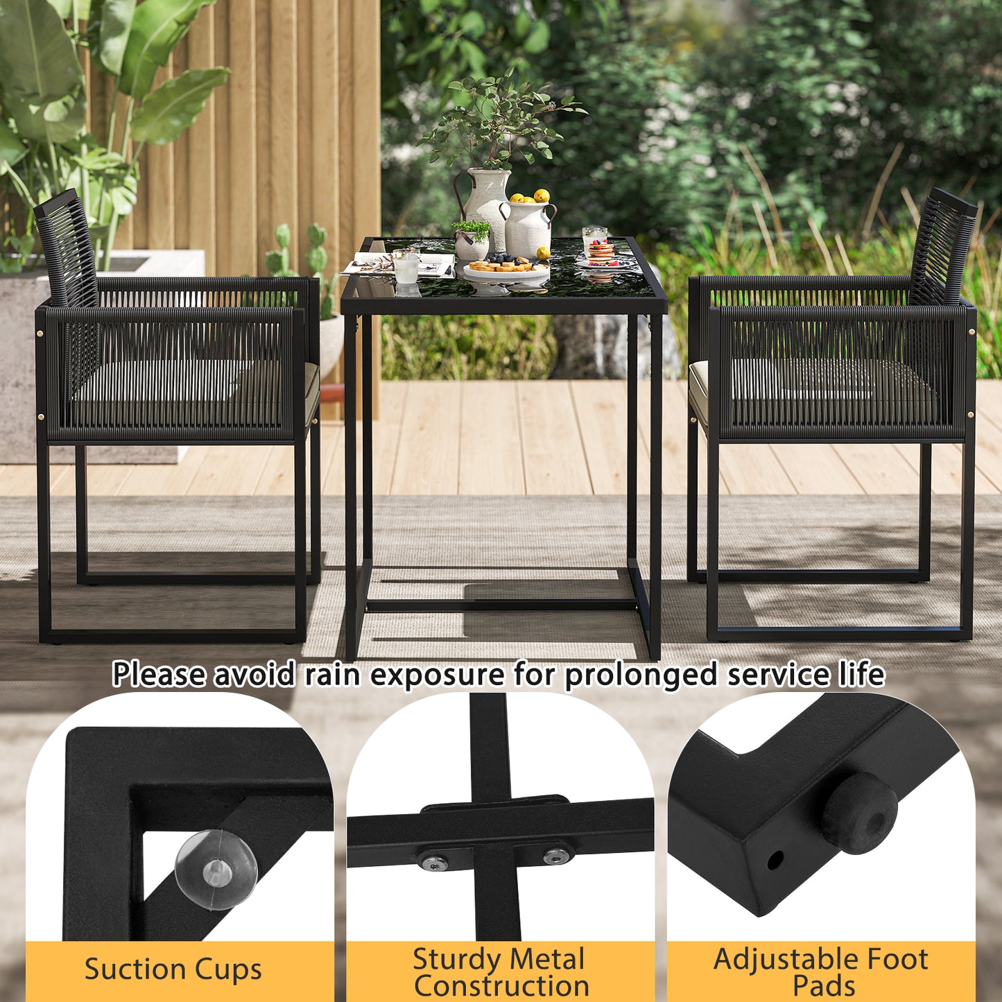 3 Pieces Patio Tempered Glass Top Table and Chairs Set for Porch Backyard-White