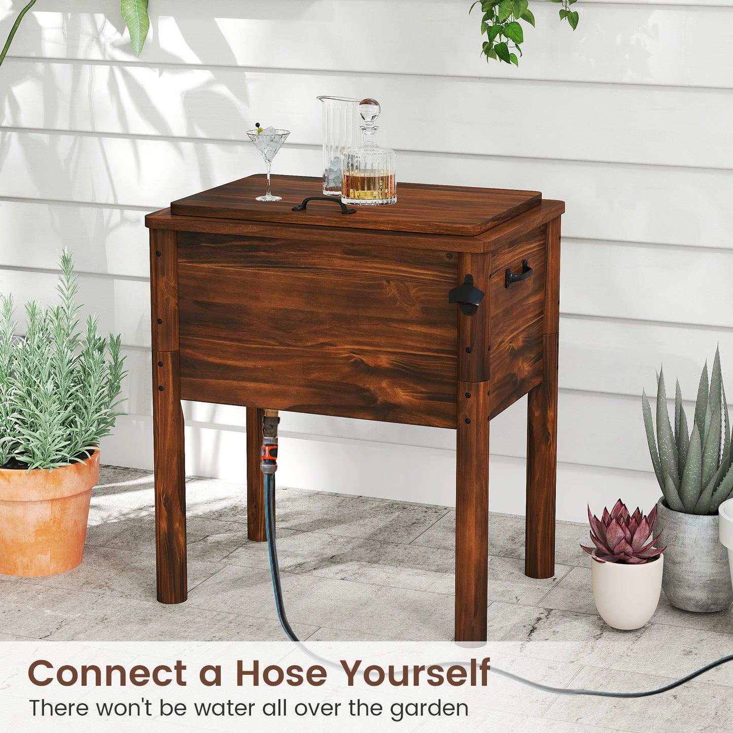 Wooden Patio Cooler with 3 Handles and Bottle Opener-Brown