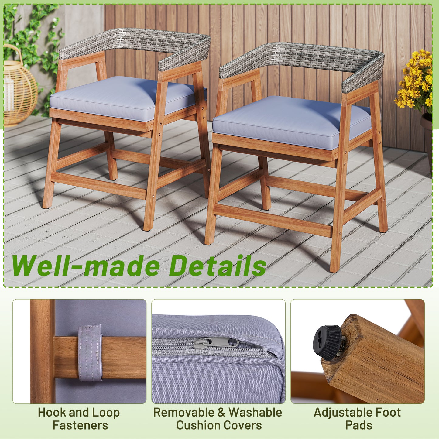 Outdoor Acacia Wood Patio Wicker Dining Chairs Set of 4 with Seat Cushion-Gray