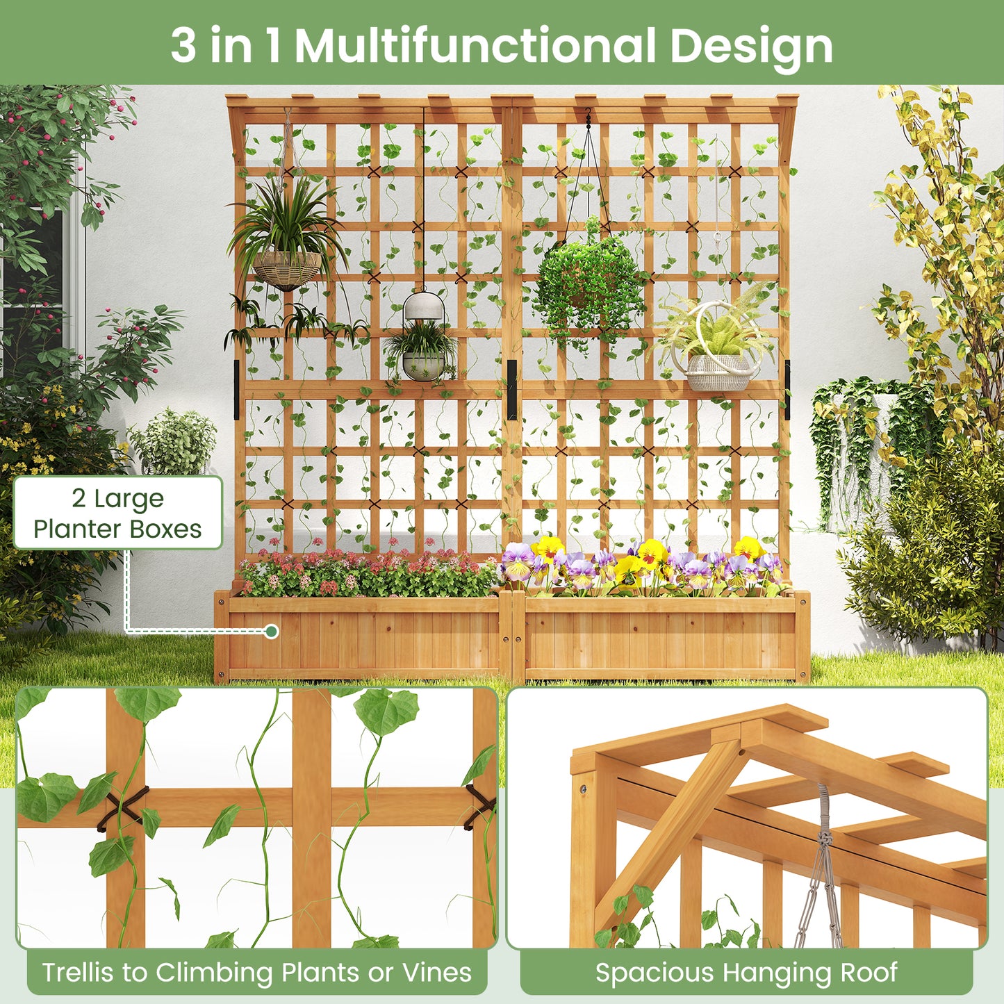 71 Inches Large Wooden Planter Container with Trellis and Hanging Roof-Orange