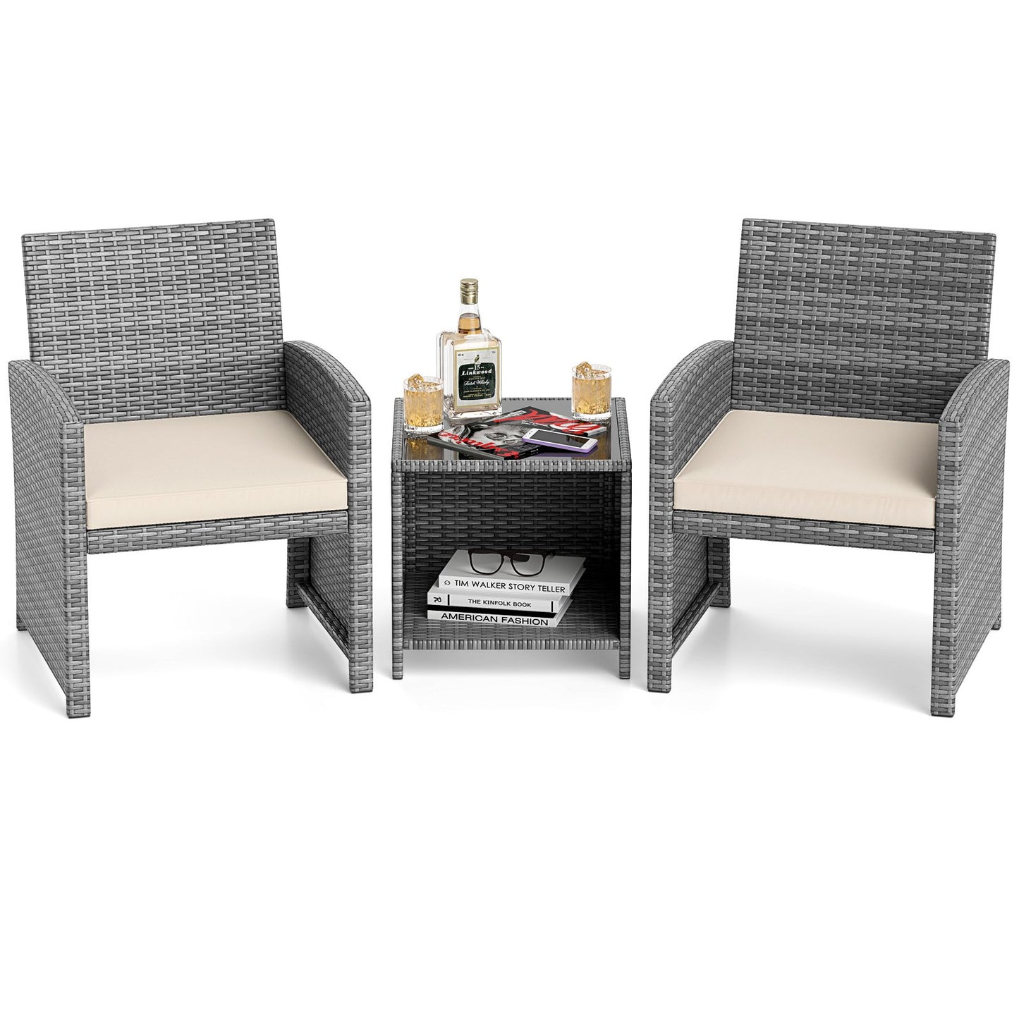 3 Pieces Patio Furniture Set with Tempered Glass Coffee Table and Soft Seat Cushions-White