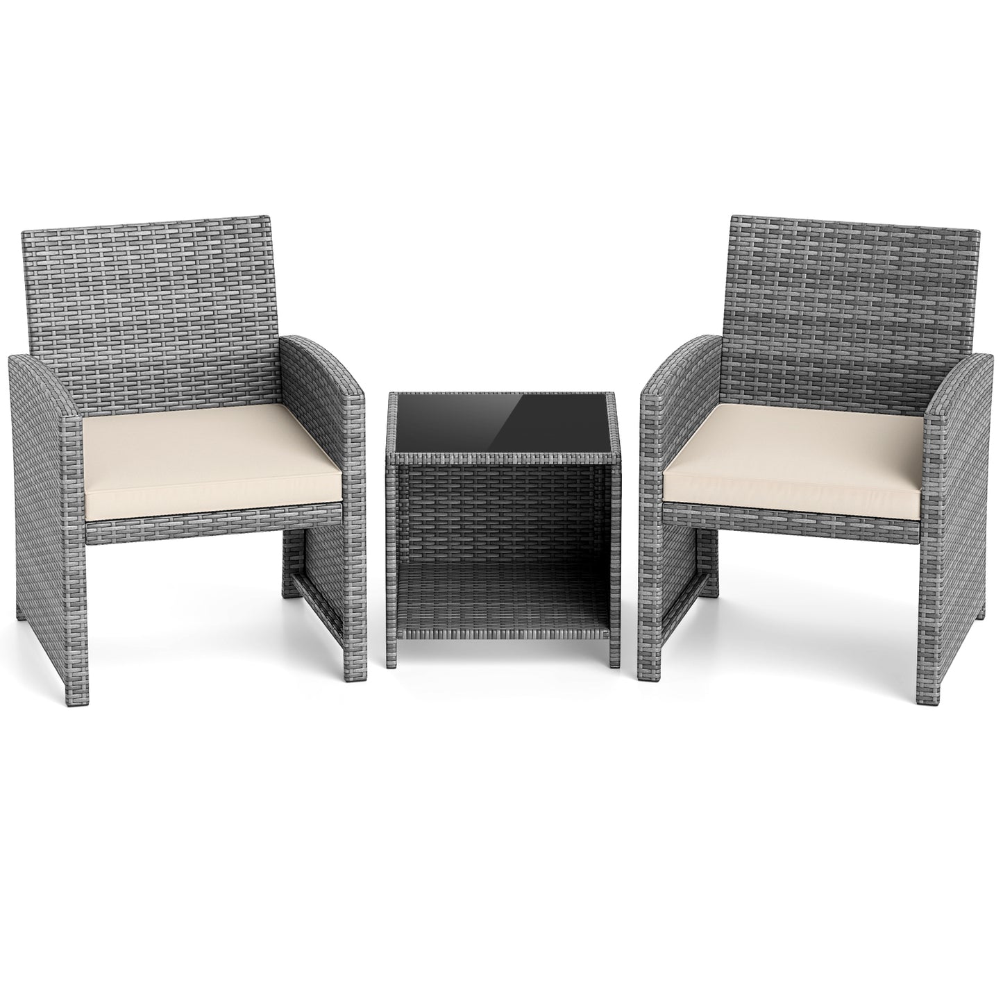 3 Pieces Patio Furniture Set with Tempered Glass Coffee Table and Soft Seat Cushions-White