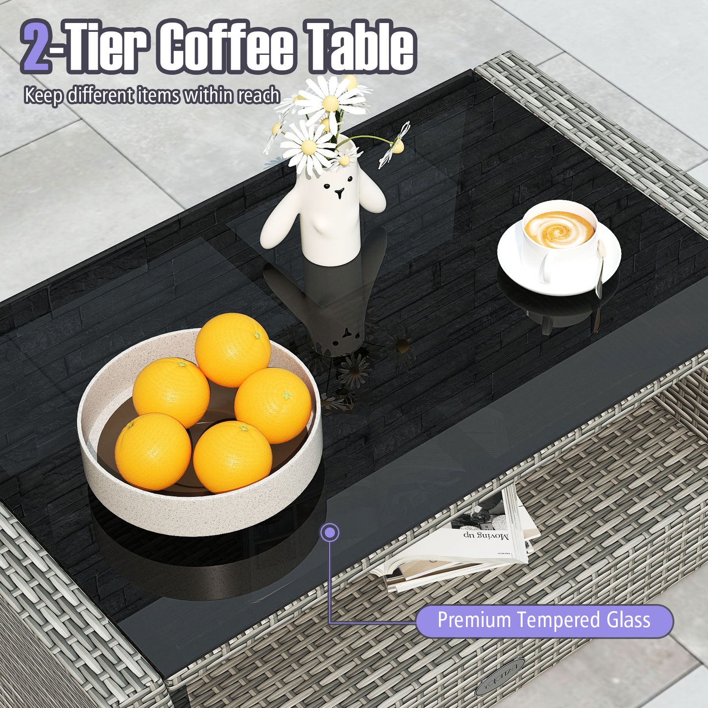 4 Pieces Patio Rattan Furniture Set Sofa Table with Storage Shelf Cushion-Gray