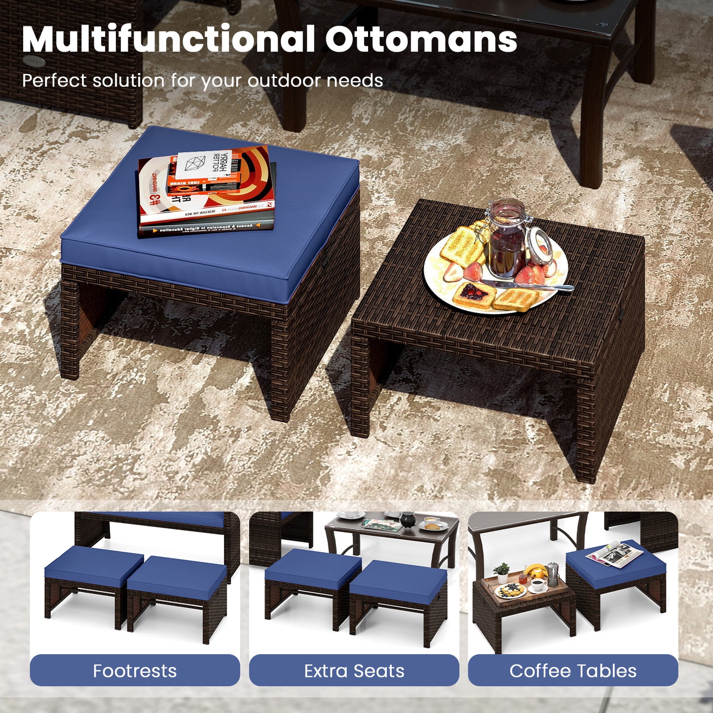 Multipurpose Outdoor 2 Pieces Patio PE Rattan Ottomans Footstool-Navy