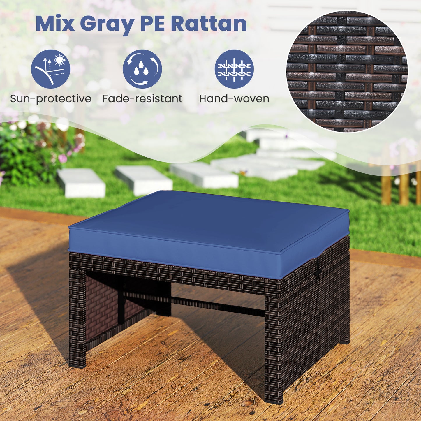 Multipurpose Outdoor 2 Pieces Patio PE Rattan Ottomans Footstool-Navy