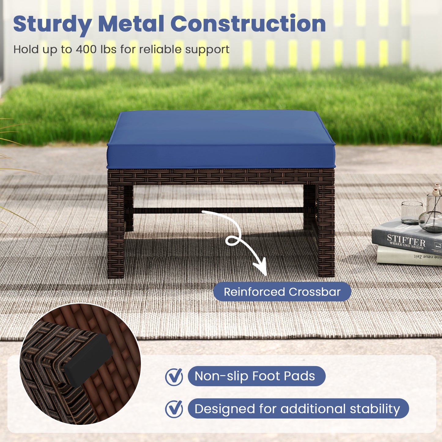 Multipurpose Outdoor 2 Pieces Patio PE Rattan Ottomans Footstool-Navy