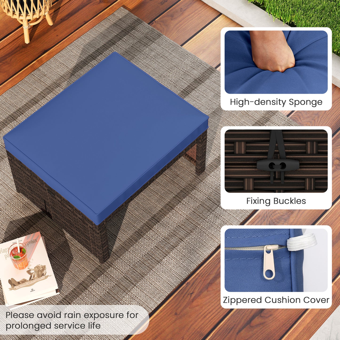 Multipurpose Outdoor 2 Pieces Patio PE Rattan Ottomans Footstool-Navy