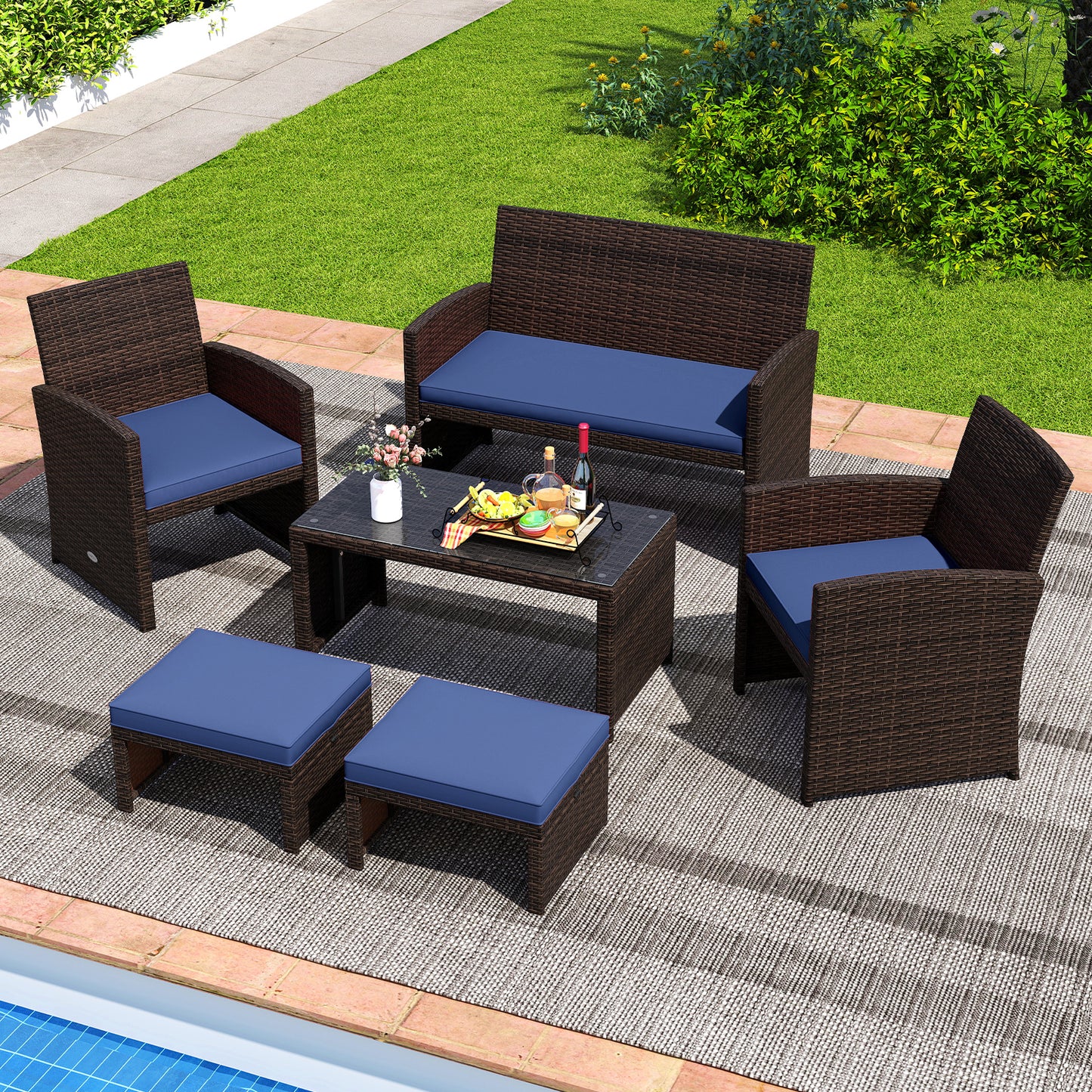 Multipurpose Outdoor 2 Pieces Patio PE Rattan Ottomans Footstool-Navy