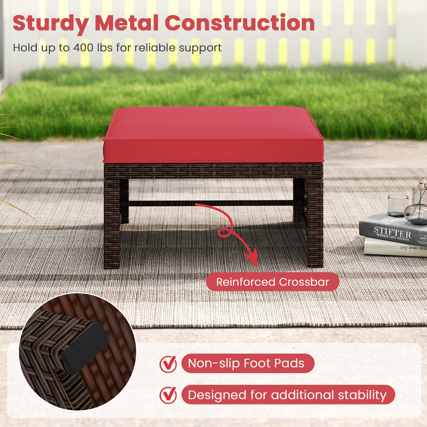 Multipurpose Outdoor 2 Pieces Patio PE Rattan Ottomans Footstool-Red