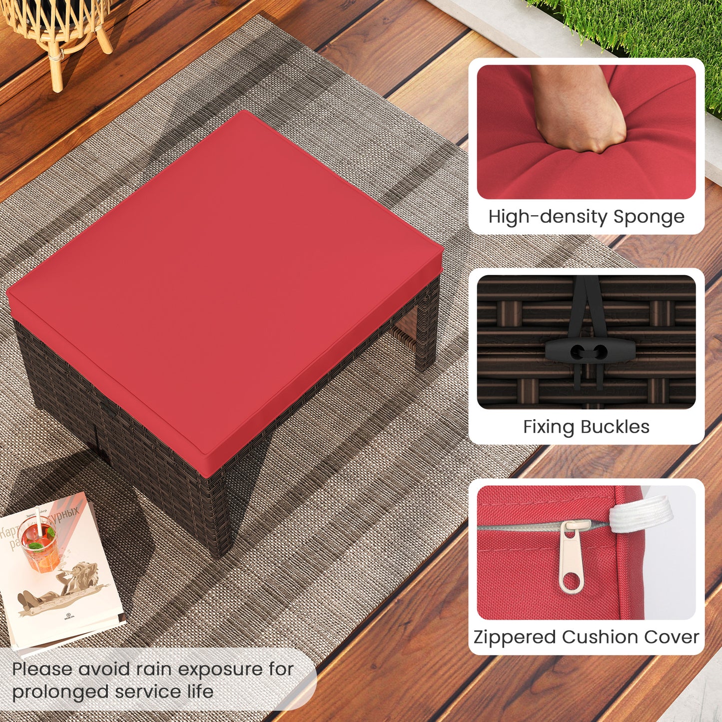 Multipurpose Outdoor 2 Pieces Patio PE Rattan Ottomans Footstool-Red