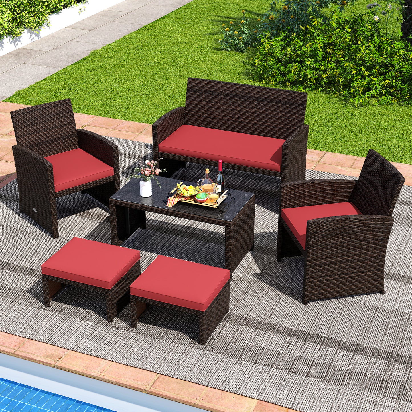 Multipurpose Outdoor 2 Pieces Patio PE Rattan Ottomans Footstool-Red