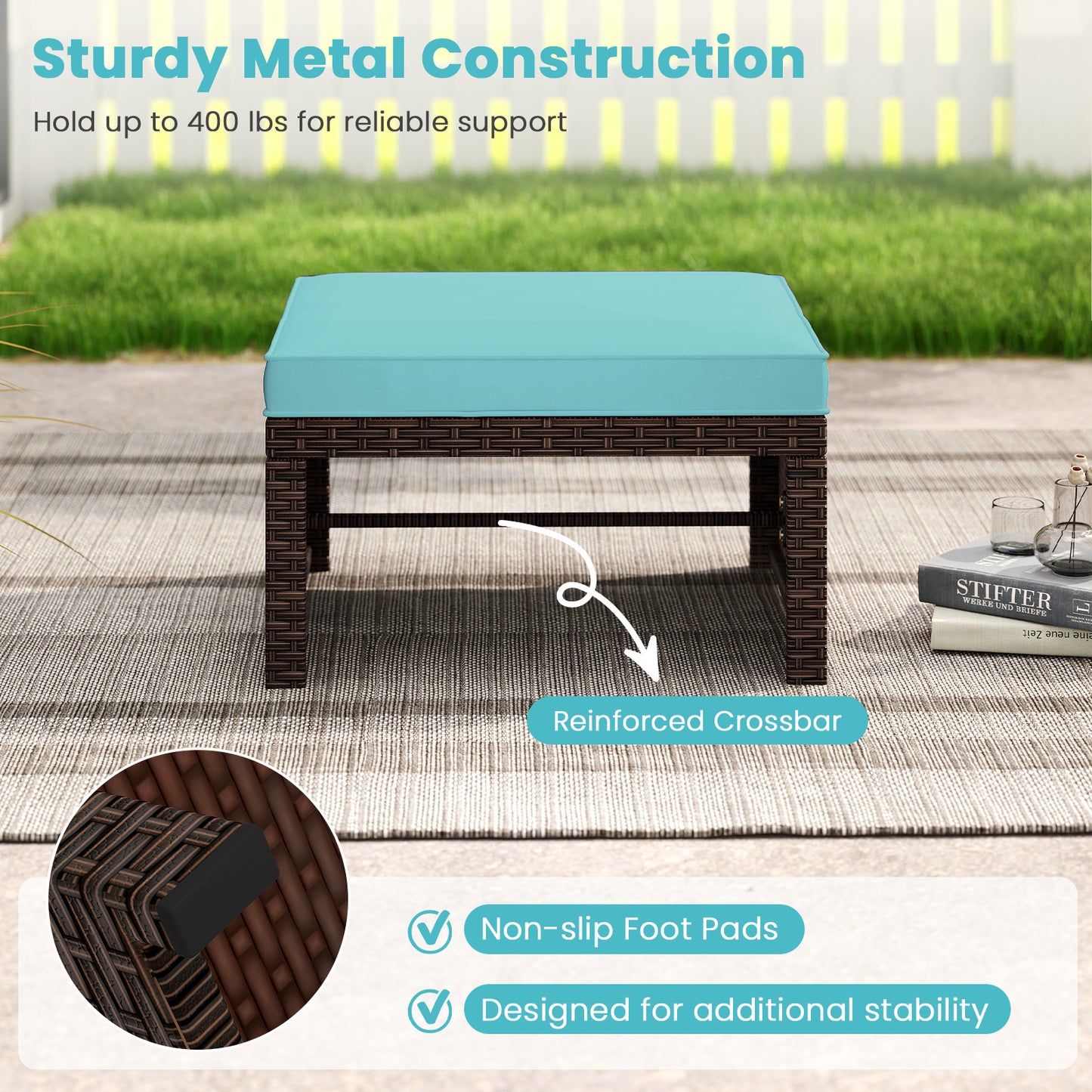 Multipurpose Outdoor 2 Pieces Patio PE Rattan Ottomans Footstool-Turquoise
