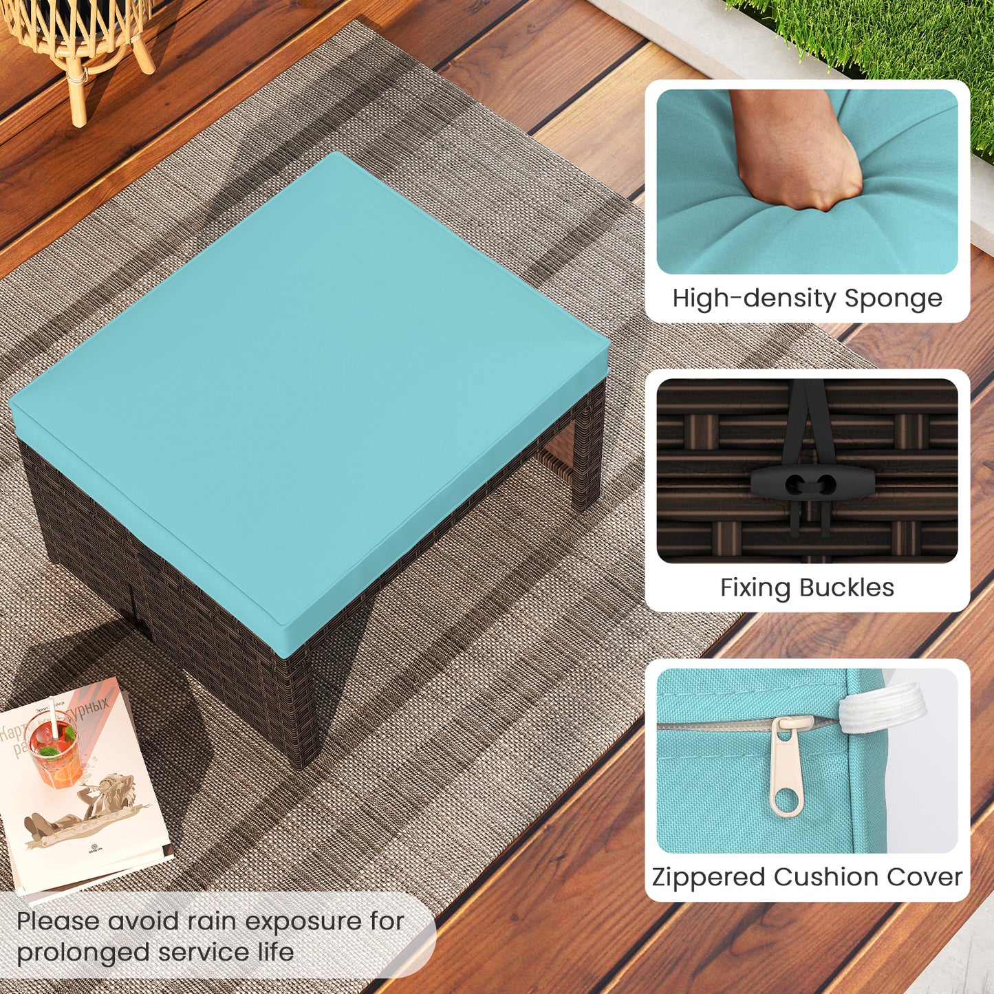 Multipurpose Outdoor 2 Pieces Patio PE Rattan Ottomans Footstool-Turquoise