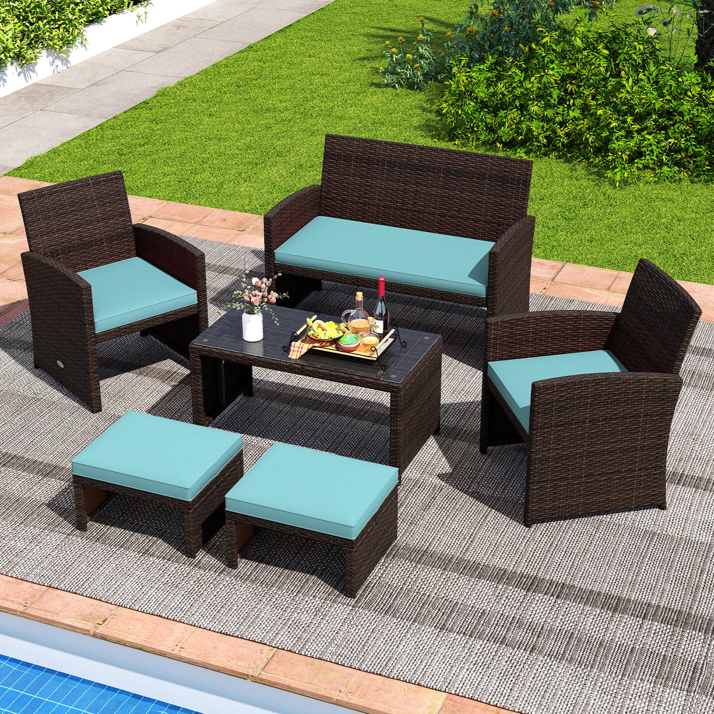 Multipurpose Outdoor 2 Pieces Patio PE Rattan Ottomans Footstool-Turquoise
