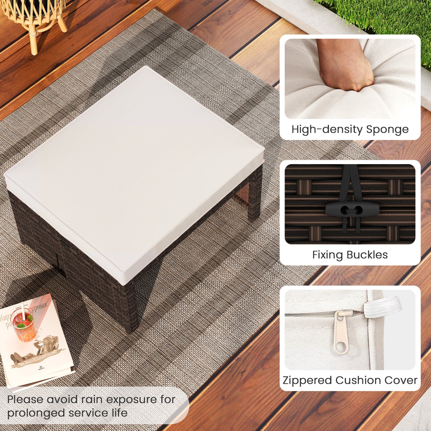 Multipurpose Outdoor 2 Pieces Patio PE Rattan Ottomans Footstool-White