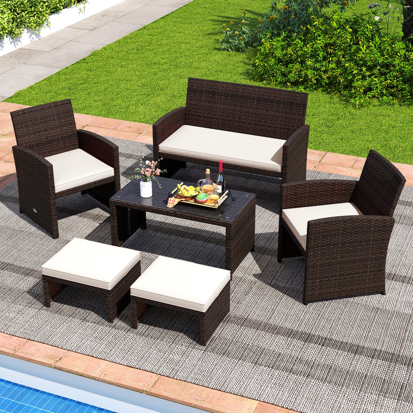 Multipurpose Outdoor 2 Pieces Patio PE Rattan Ottomans Footstool-White