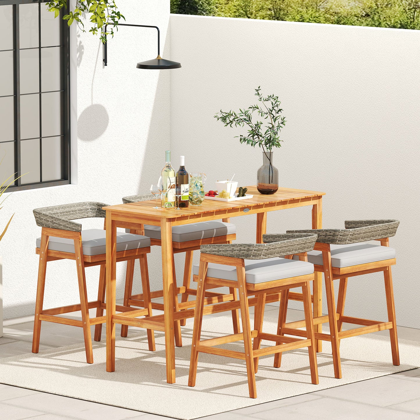 Acacia Wood Counter Height Table with Slatted Tabletop and Footrest Crossbar