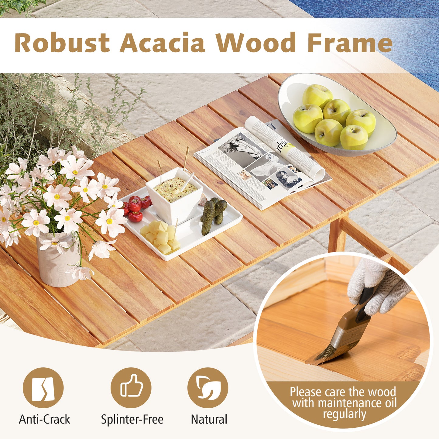 Acacia Wood Counter Height Table with Slatted Tabletop and Footrest Crossbar
