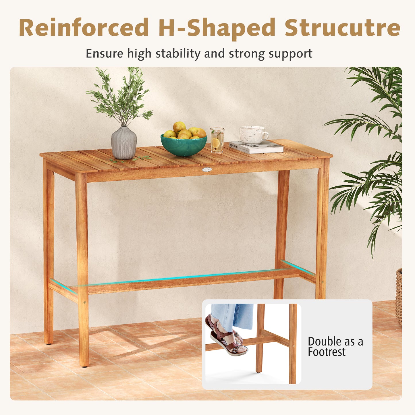 Acacia Wood Counter Height Table with Slatted Tabletop and Footrest Crossbar