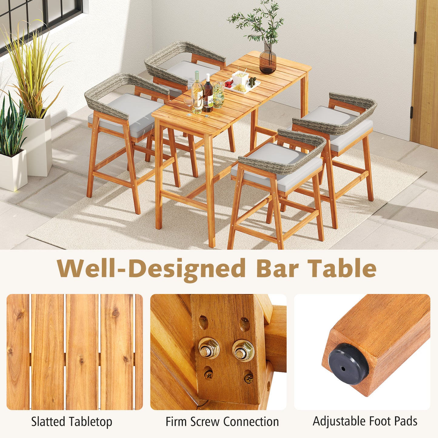 Acacia Wood Counter Height Table with Slatted Tabletop and Footrest Crossbar
