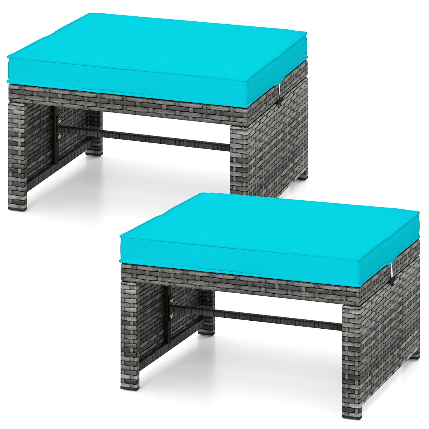 2 Pieces Patio PE Rattan Ottomans with Soft Zippered Cushions for Deck-Green