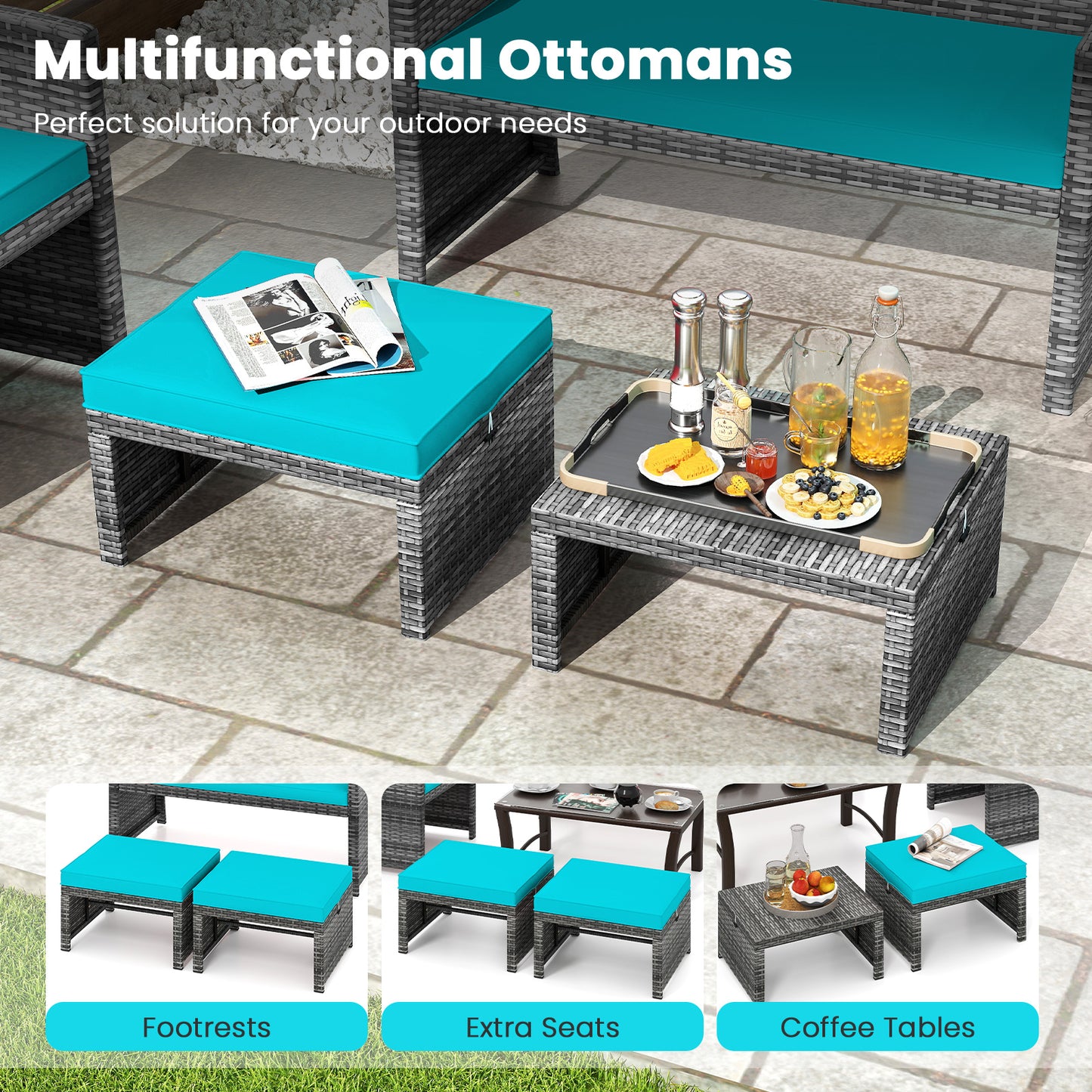 2 Pieces Patio PE Rattan Ottomans with Soft Zippered Cushions for Deck-Green