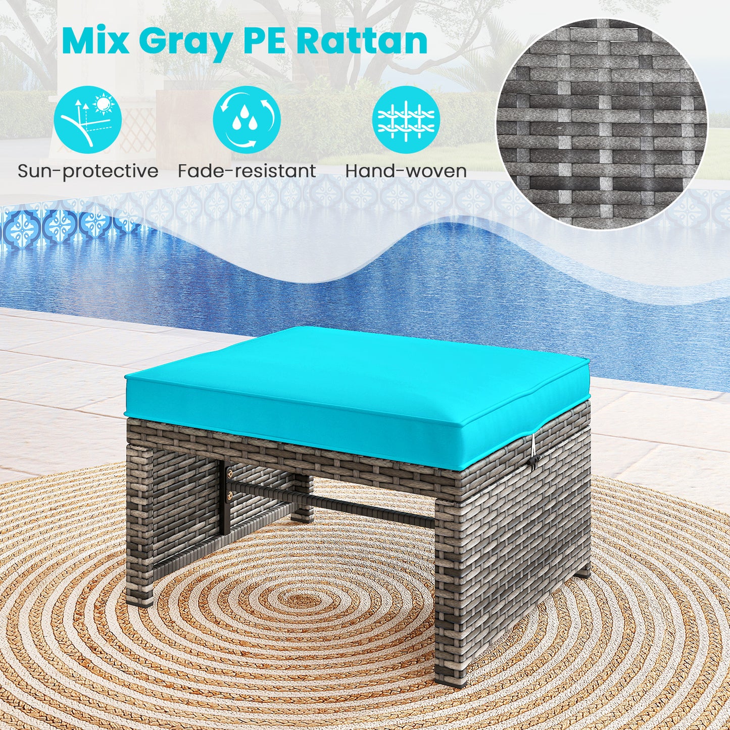 2 Pieces Patio PE Rattan Ottomans with Soft Zippered Cushions for Deck-Green