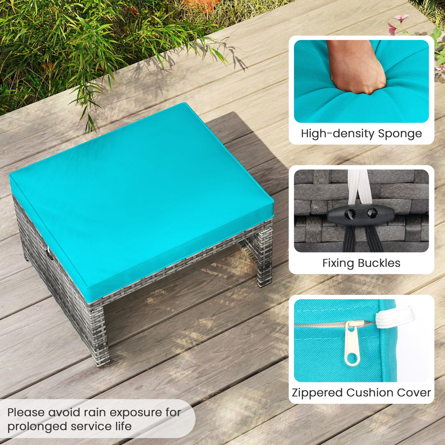 2 Pieces Patio PE Rattan Ottomans with Soft Zippered Cushions for Deck-Green