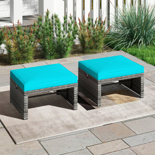 2 Pieces Patio PE Rattan Ottomans with Soft Zippered Cushions for Deck-Green