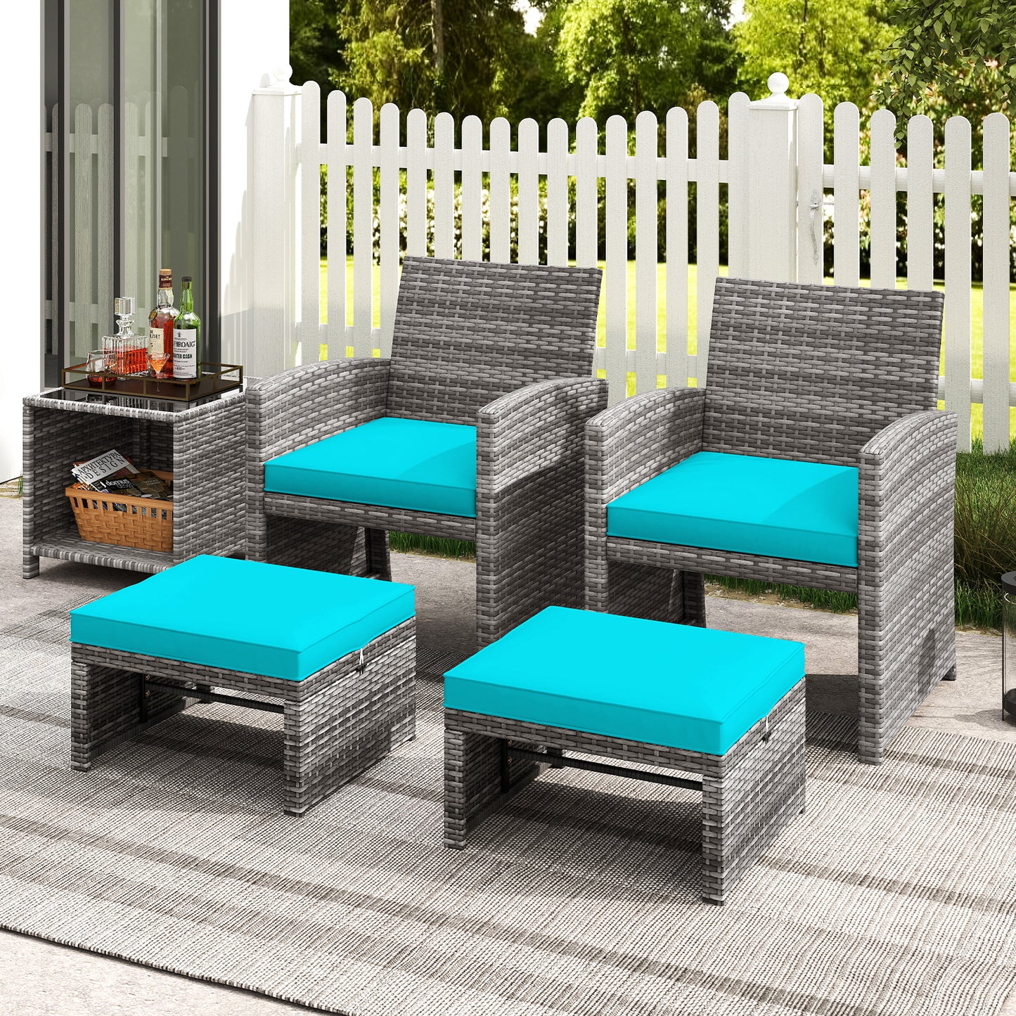 2 Pieces Patio PE Rattan Ottomans with Soft Zippered Cushions for Deck-Green