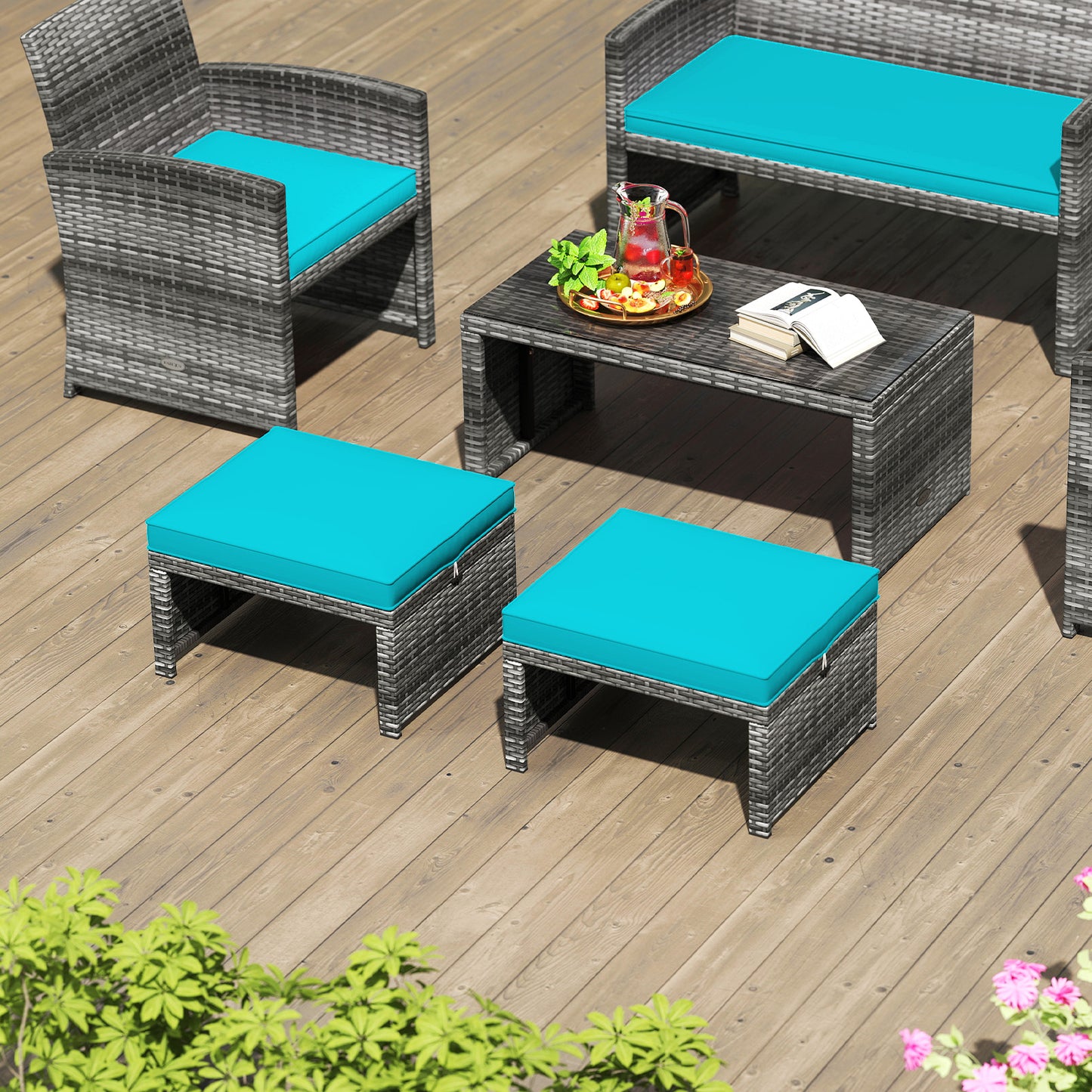 2 Pieces Patio PE Rattan Ottomans with Soft Zippered Cushions for Deck-Green