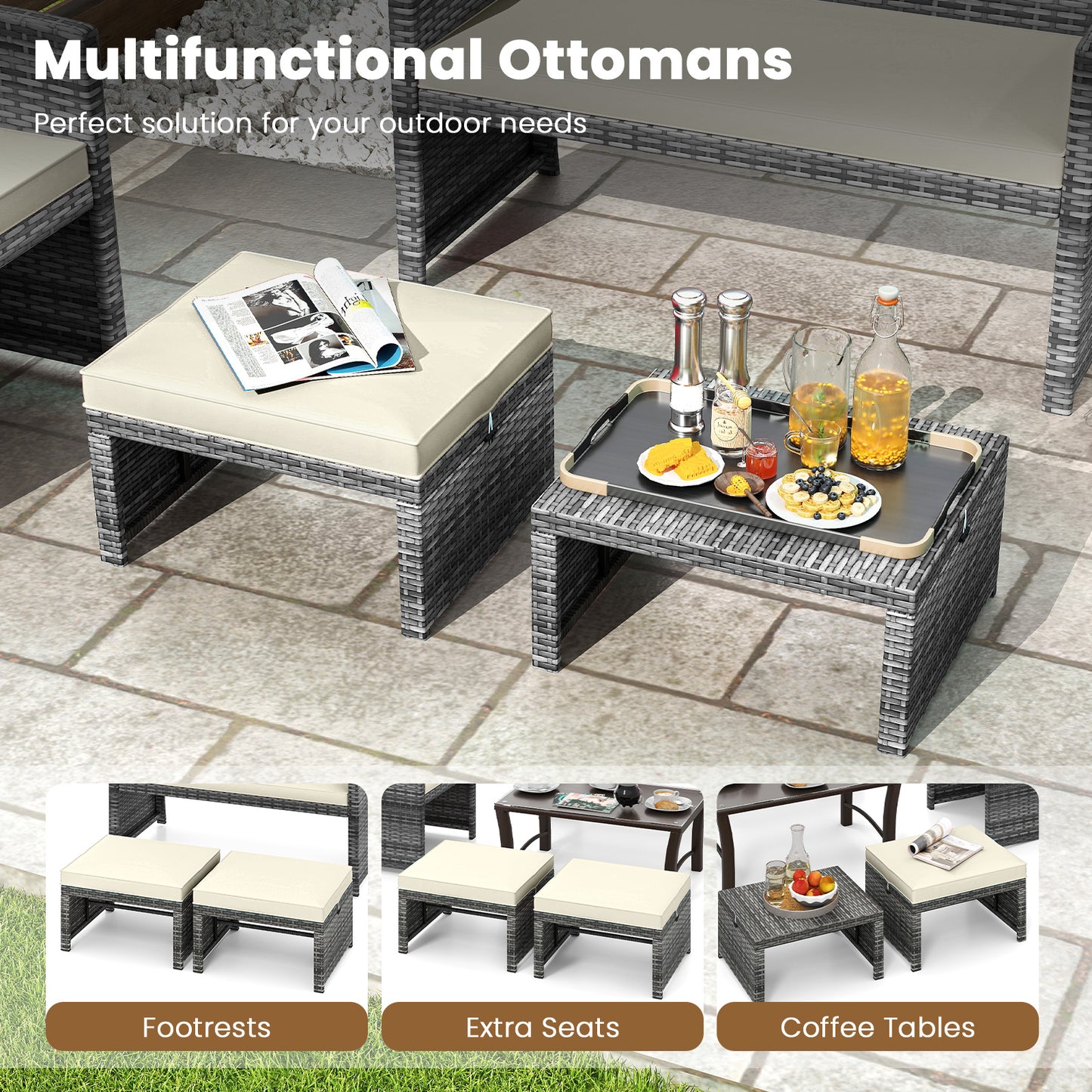 2 Pieces Patio PE Rattan Ottomans with Soft Zippered Cushions for Deck-White