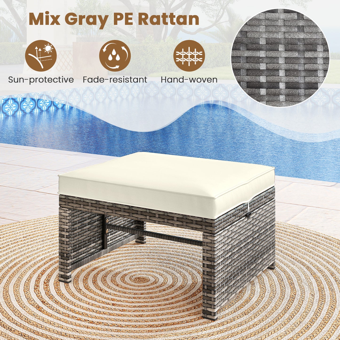 2 Pieces Patio PE Rattan Ottomans with Soft Zippered Cushions for Deck-White