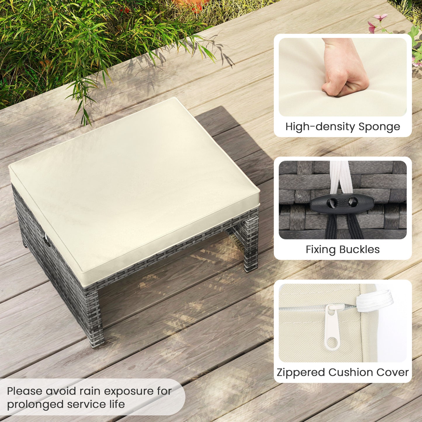 2 Pieces Patio PE Rattan Ottomans with Soft Zippered Cushions for Deck-White