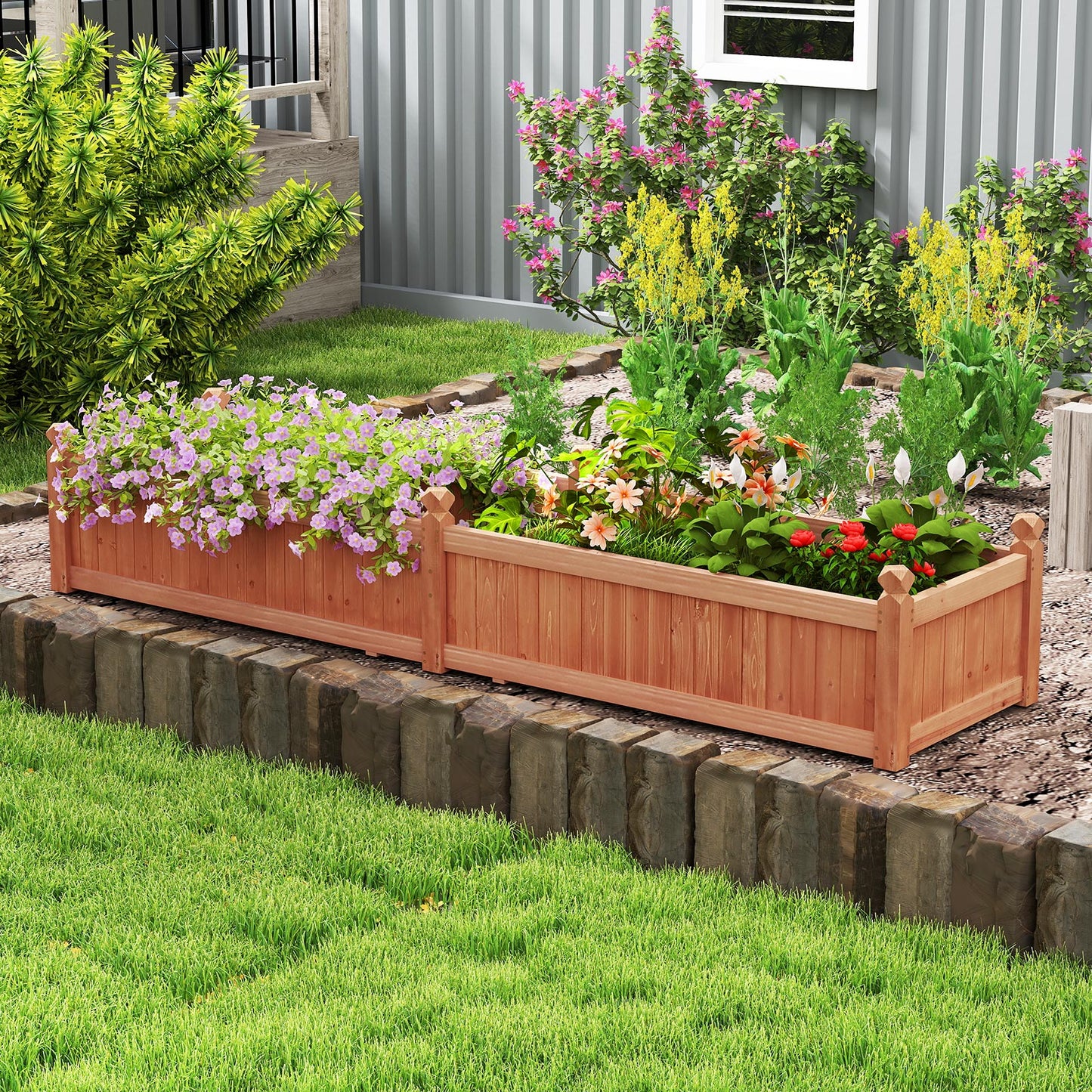 91 x 24 x 16 Inch Divisible Planter Box with Corner Drainage and Non-woven Liner for Growing Vegetables-Brown