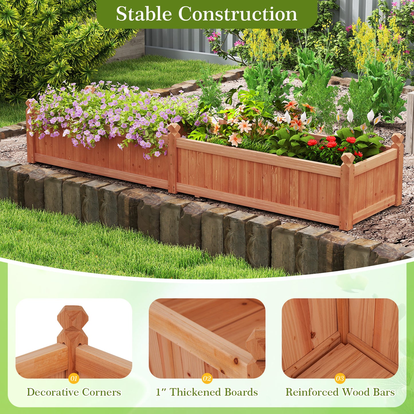91 x 24 x 16 Inch Divisible Planter Box with Corner Drainage and Non-woven Liner for Growing Vegetables-Brown