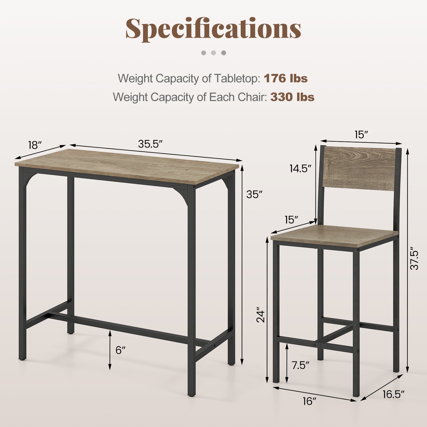 3 Piece Bar Table Set with Backrest and Footrest for Small Space-Gray