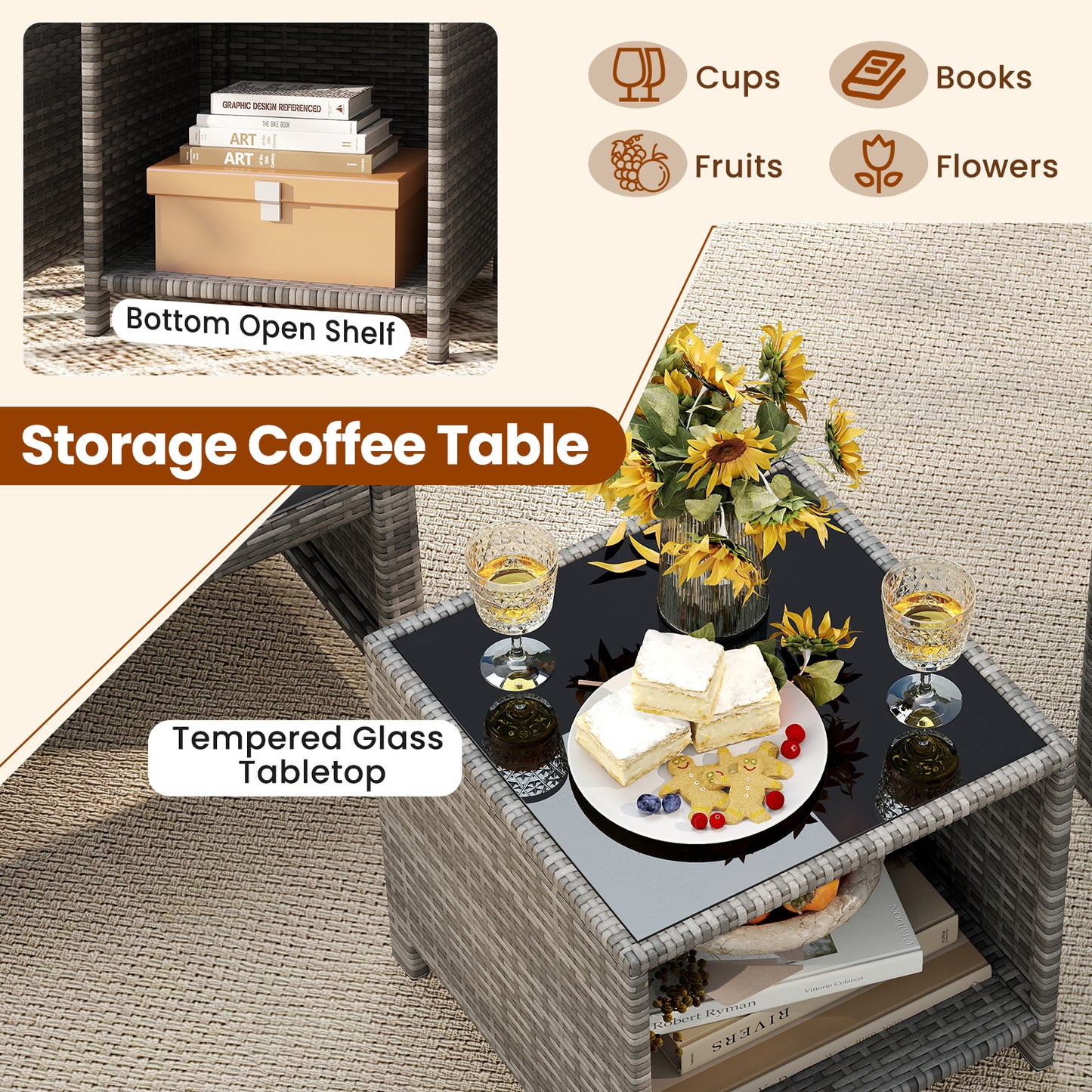3 Pieces Patio Furniture Set with Tempered Glass Coffee Table and Soft Seat Cushions-Black