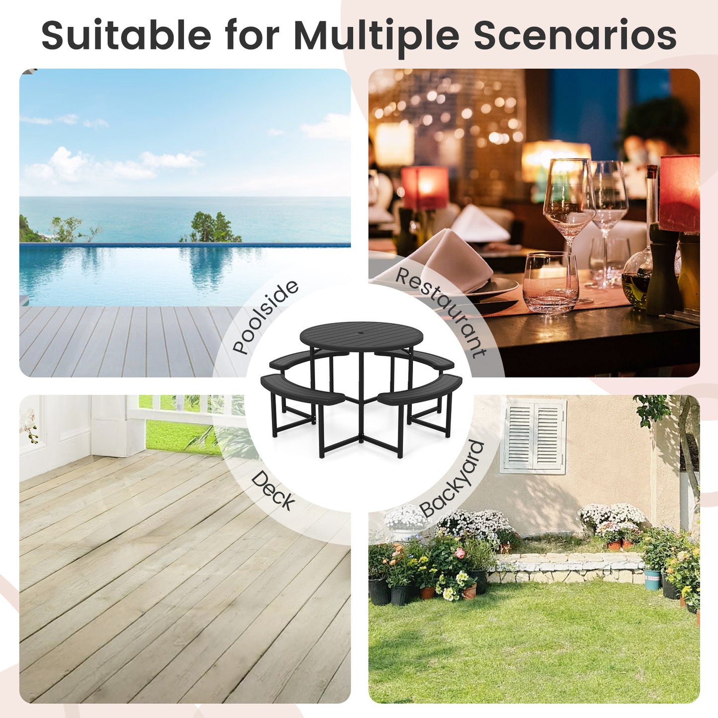 Round Picnic Table Bench Set with 4 Benches and Umbrella Hole for Patio Lawn-Black