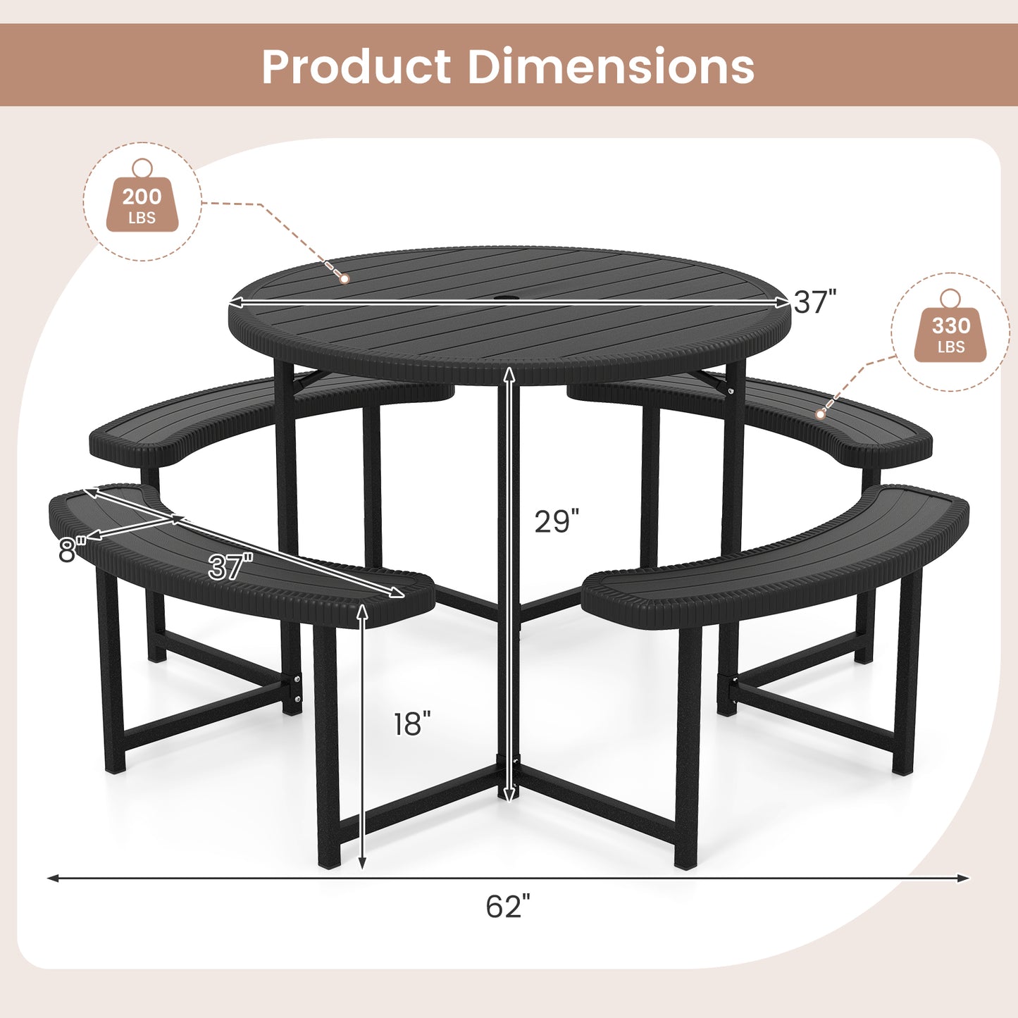 Round Picnic Table Bench Set with 4 Benches and Umbrella Hole for Patio Lawn-Black