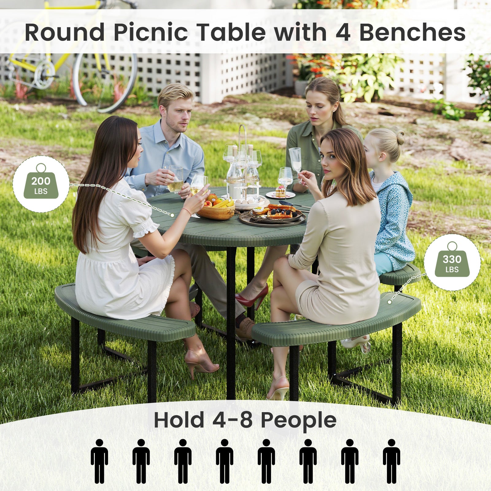 A round picnic table with a HDPE tabletop and black metal legs, accompanied by four  curved benches with a faux shell texture. The set is placed on a wooden deck with outdoor seating and a small umbrella in the background.