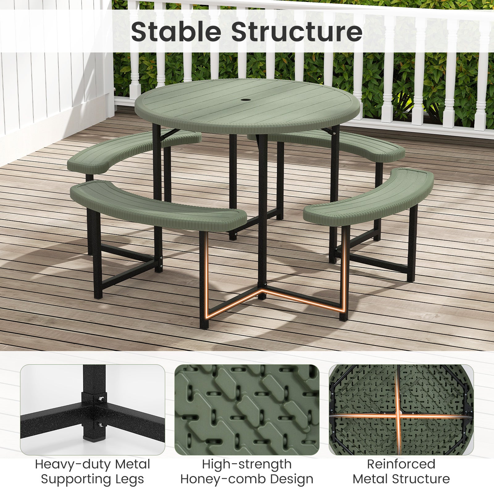 A round picnic table with a HDPE tabletop and black metal legs, accompanied by four  curved benches with a faux shell texture. The set is placed on a wooden deck with outdoor seating and a small umbrella in the background.