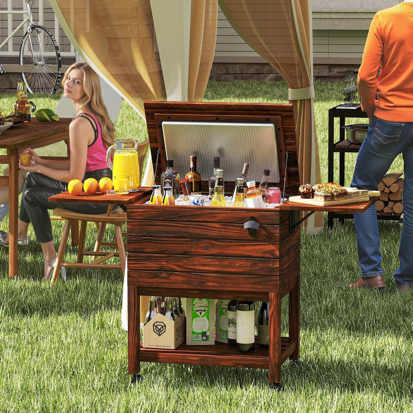 54 Quart Wooden Cooler Cart for Patio Rolling Ice Chest with Shelves-Brown