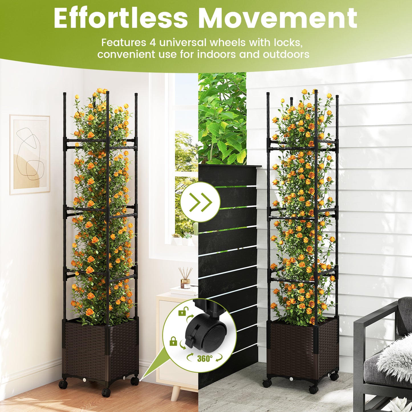 87 Inch Tall Raised Garden Bed with Plant Box Trellis and Lockable Wheels Adjustable Height
