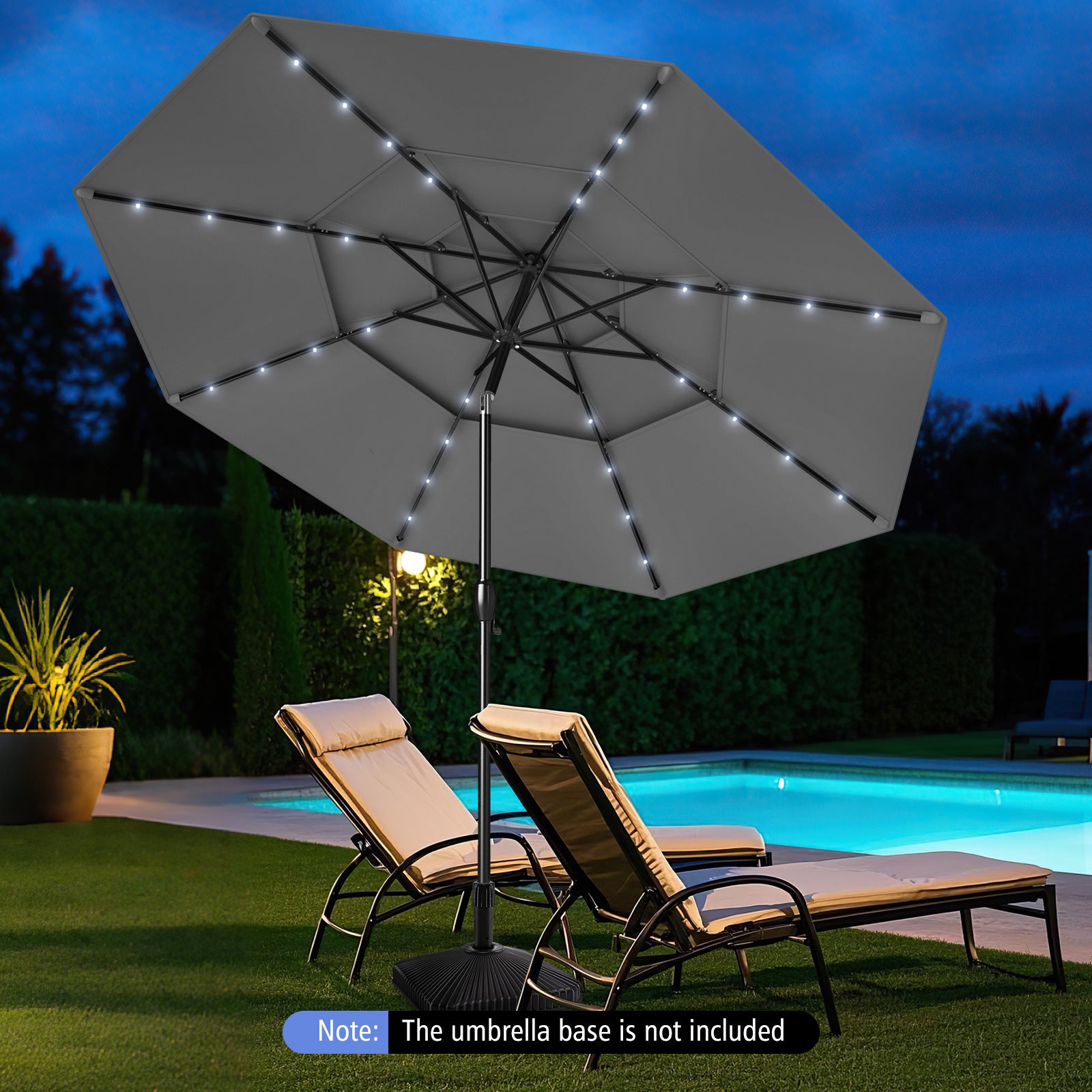10 Feet Solar Patio Umbrella with 32 LED Lights 3-Tier Vented Top-Gray – LUV MY PATIO 10 Feet Solar Patio Umbrella with 32 LED Lights 3-Tier Vented Top-Gray – LUV MY PATIO