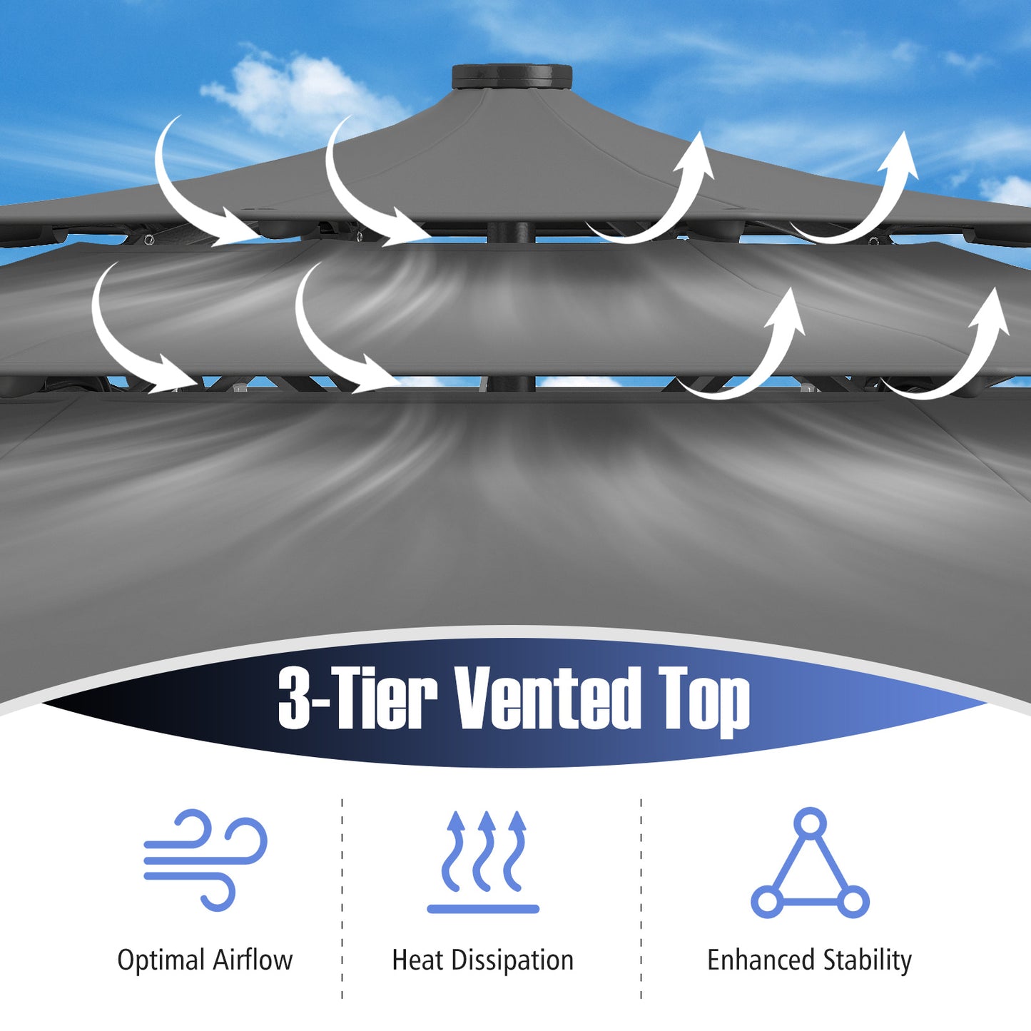 10 Feet Solar Patio Umbrella with 32 LED Lights 3-Tier Vented Top-Gray